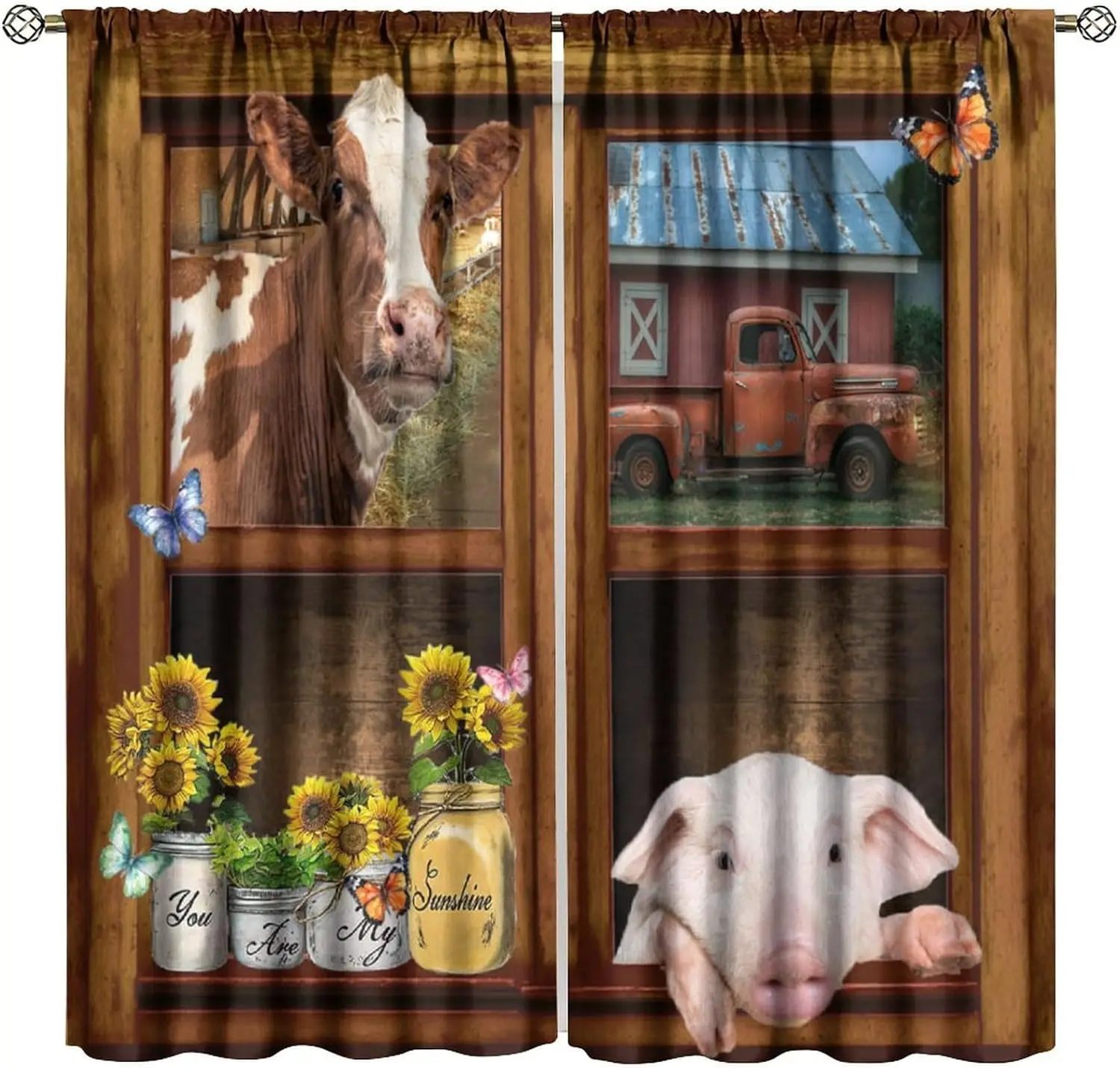 Rustic Farmhouse Kitchen Curtains Cow Pig Country Vintage Animal Farm Sunflower Truck for Home Kitchen Livingroom Coffee 2Panel
