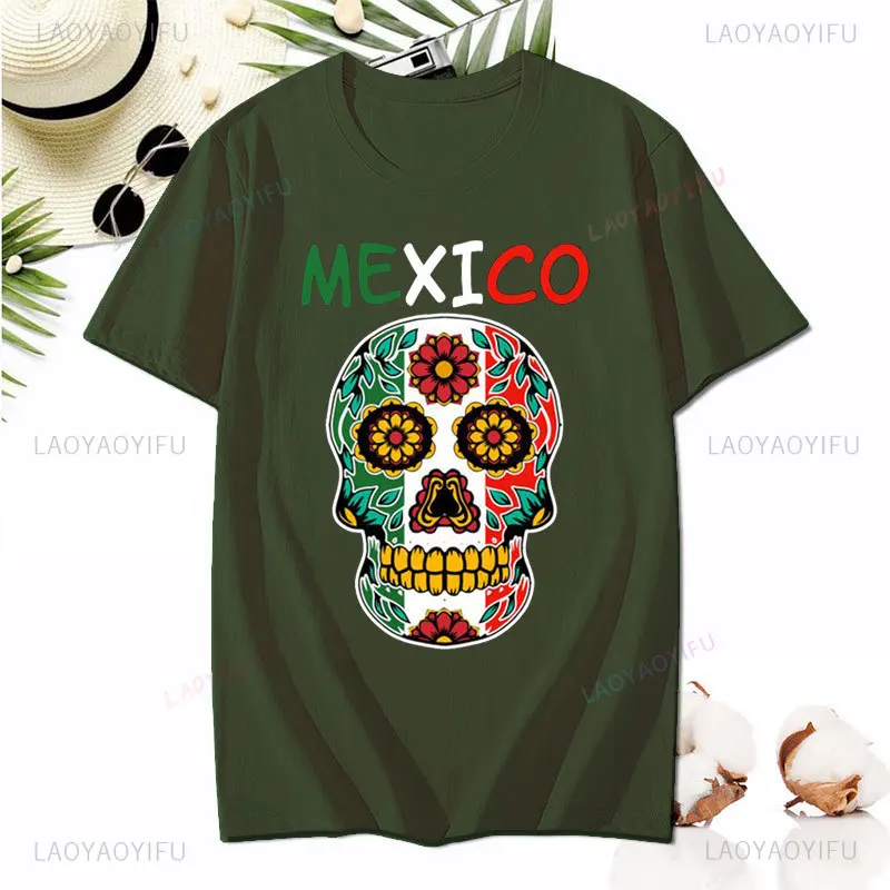 MEXICO Day of The Dead Printed Skull T-shirt Fashion Funny Holiday Party Costumes Man Women Summer Cotton Casual Short-sleev Tee