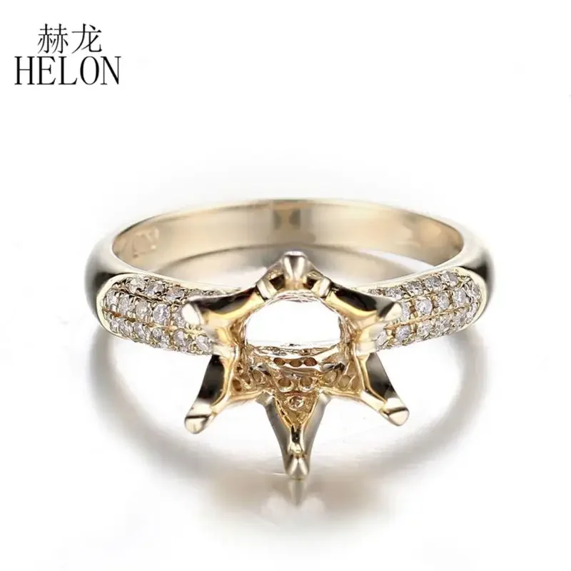 HELON 9mm Round Solid 14K AU585 Yellow Gold 0.4ct Natural Diamonds Semi mount Engagement Ring Setting Women Wedding Fine Jewelry