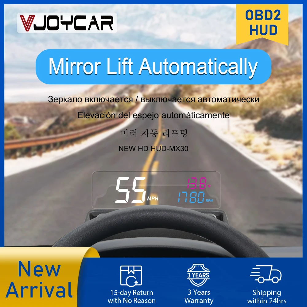 Vjoycar 2023 Aggiornamento Specchio con sollevamento automatico HUD MX30 Pro Carattere grande e chiaro RPM Velocità Proiettore KM/H MPH Accessori auto Allarme di sicurezza