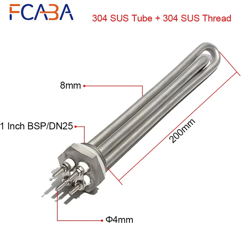 1 Inch BSP Thread DC 12V/24V/36V/48V 200W/300W/600W Heating Element for Solar Water Heater 304 Stainless Steel Tubular Heater