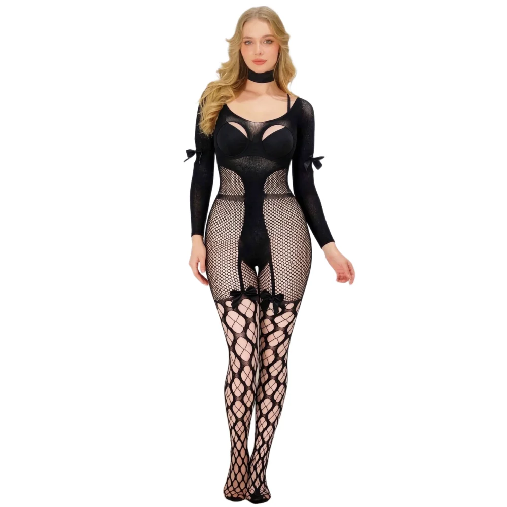 Fish Net Tights Bodystocking Sexy Long Sleeved Women Exotic Lingerie Jumpsuit Mesh Hollow Stockings Pantyhose Latex Bodysuit