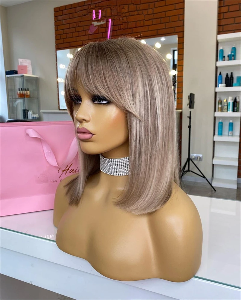 Platinum Blonde 13x4 Lace Front Wig with Bangs Straight Dirty Ash Blonde Wigs Natural Roots High Heat Resistant Fiber Fringe Wig