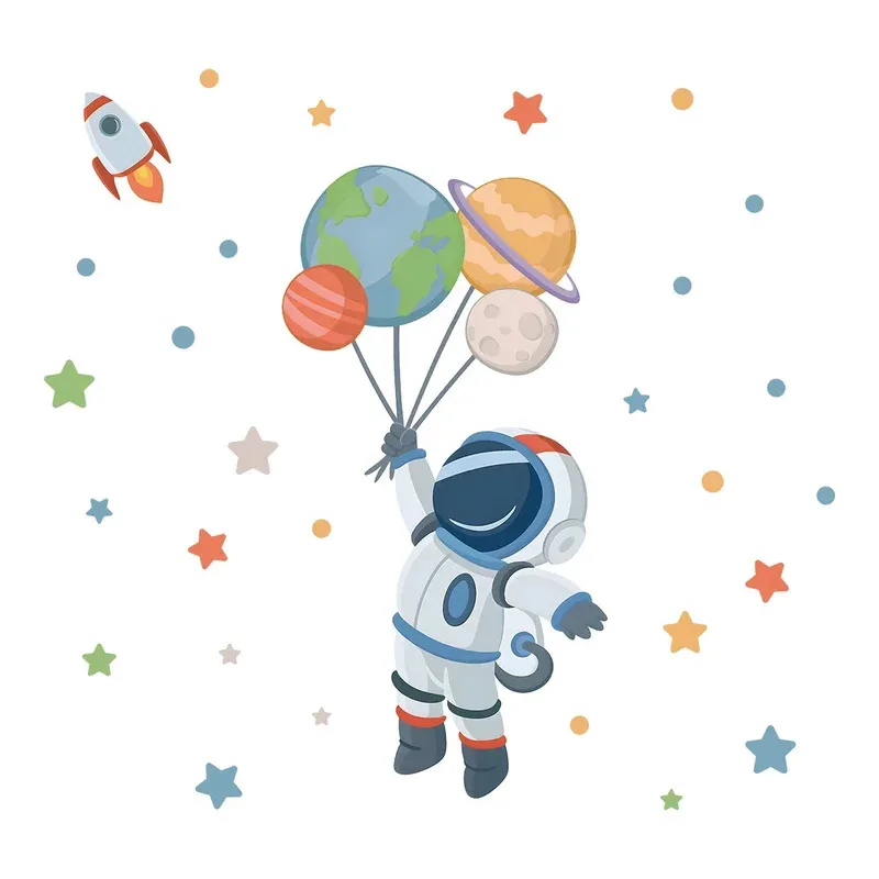 Cartoon Planet Star Astronaut Wall Stickers, Kids Room Bedroom Wall Decals, Removable PVC Home Decor Sticker Set