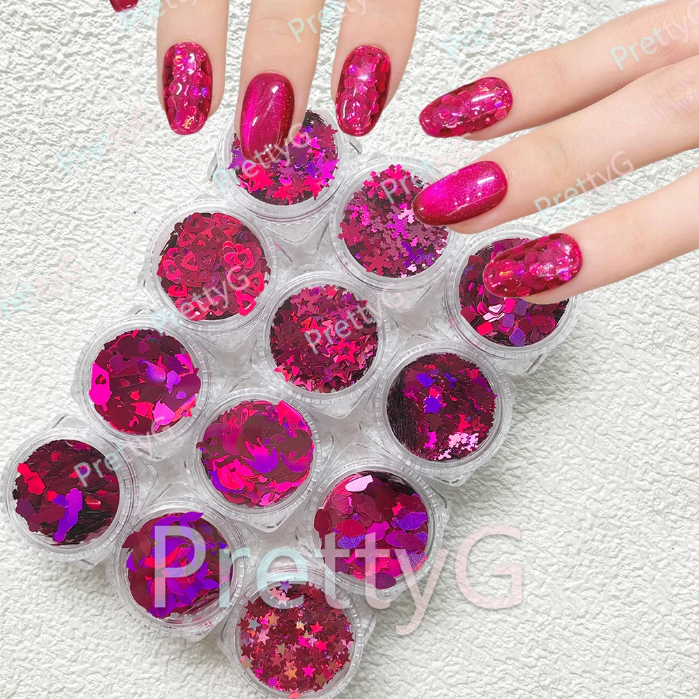PrettyG 1 Juego de caja de 12 colores, purpurina holográfica rosa melocotón, forma de lentejuelas rojas, purpurina para uñas para decoración artística de uñas DIY de resina