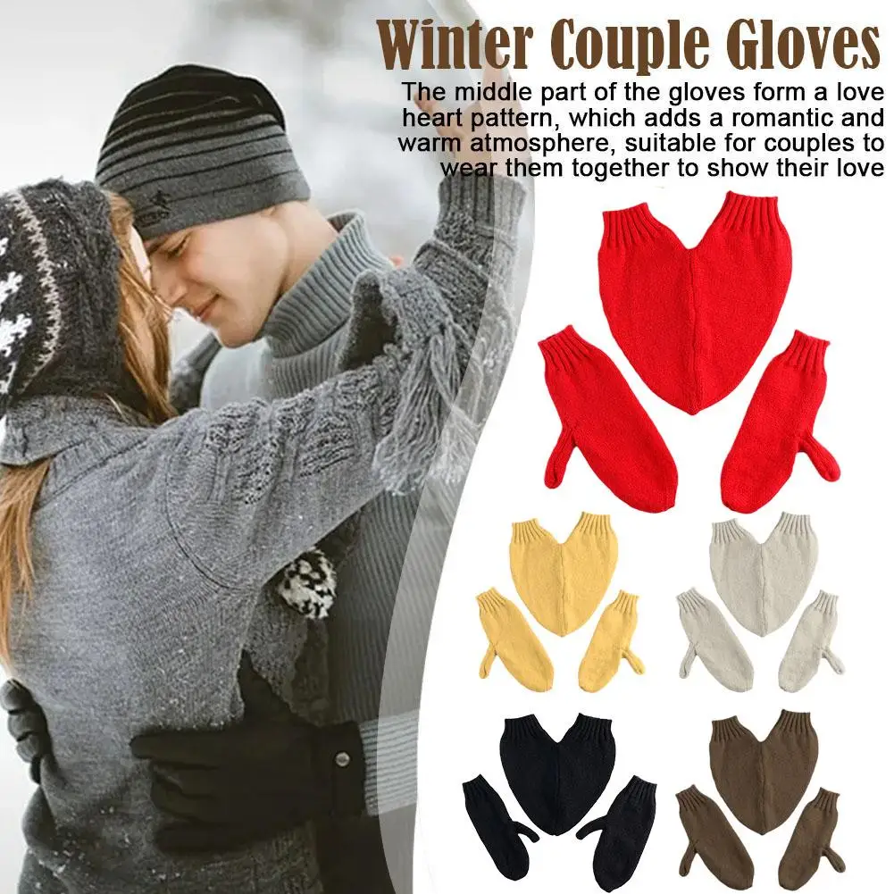 

New Couple Autumn And Winter Love Warm Decoration Solid Color Knitted Woolen Gloves Winter Knitted Gloves Hand Holding Design