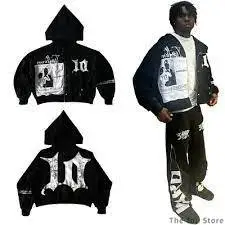 Harajuku Gothic Streetwear Zip Up Hoodies Men Women Y2K Clothing Patchwork Embroidered Oversized Hoodies Retro Black Sweatshirts
