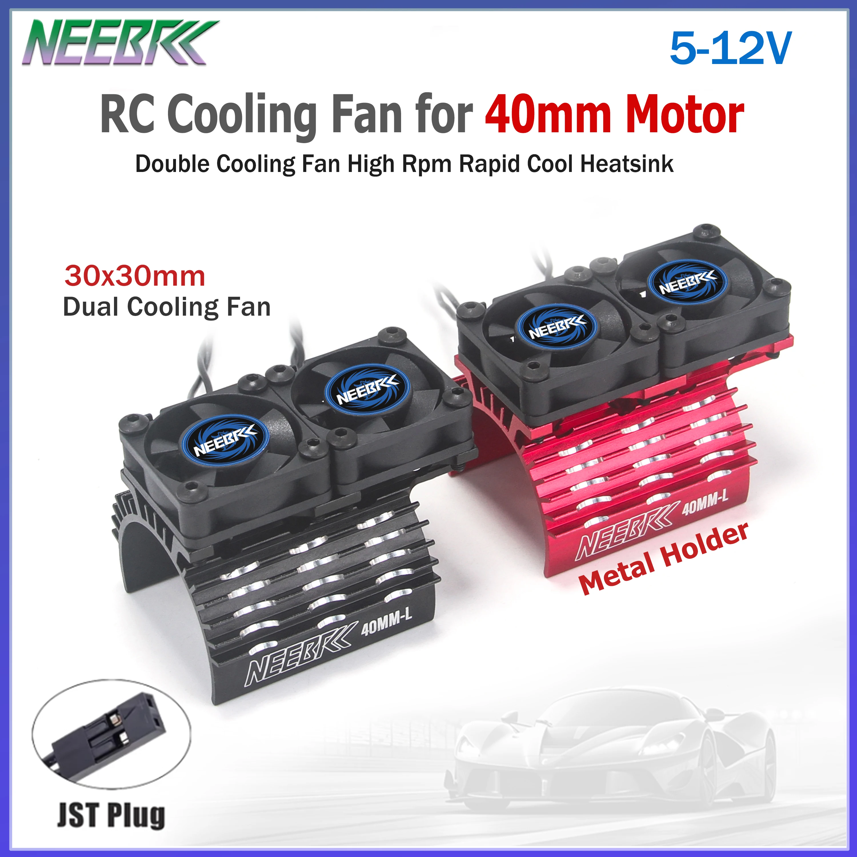 NEEBRC 30mm Dual Cooling Fan Metal Heatsink Holder 5-12V 25000rpm Rapid Cool for RC Car 40mm Brushless Motor Traxxas Axial Parts