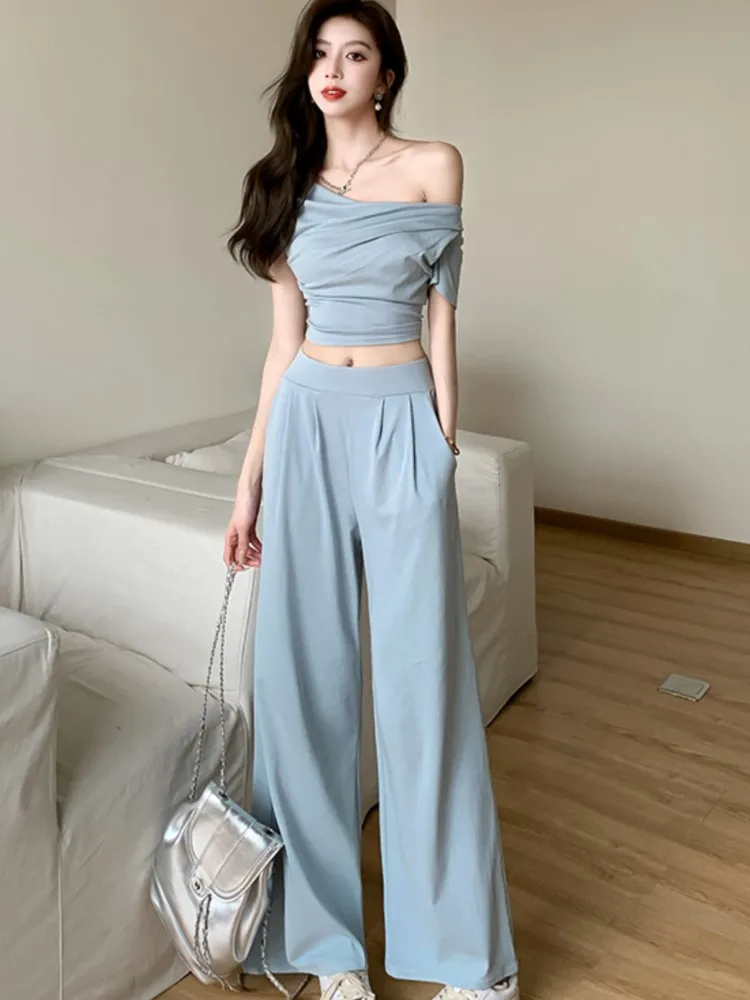 

2024 Summer New Two-piece Pants Set Women Casual Off Shoulder Cropped Top Wide Leg Pants Female Korean Fashion Solid Outfits