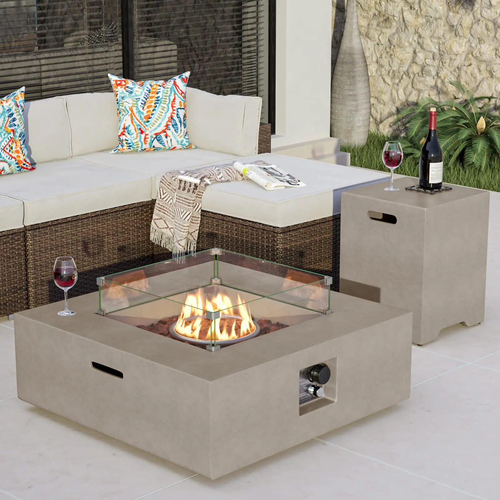35-inch Square Outdoor Sandstone Fire Pit w Wind Guard and Side Table, Certified, 50,000 BTU Stainless Steel Burner