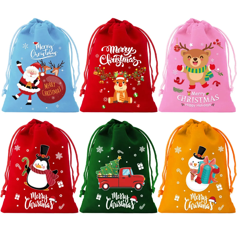 

Reusable Christmas Velvet Drawstring Bags with Festive Holiday Patterns for Candy Apples Small s and Decorations