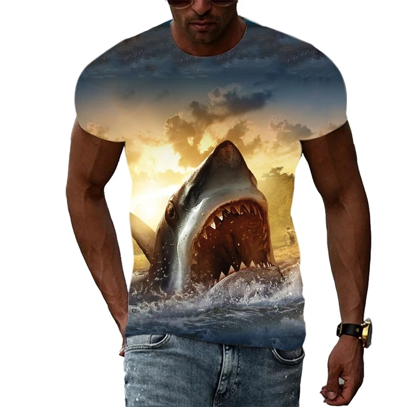 Popular New Animal Great White Shark Print Men's T-shirt Vintage Summer Leisure Fashion Unisex Round Neck Short Sleeve