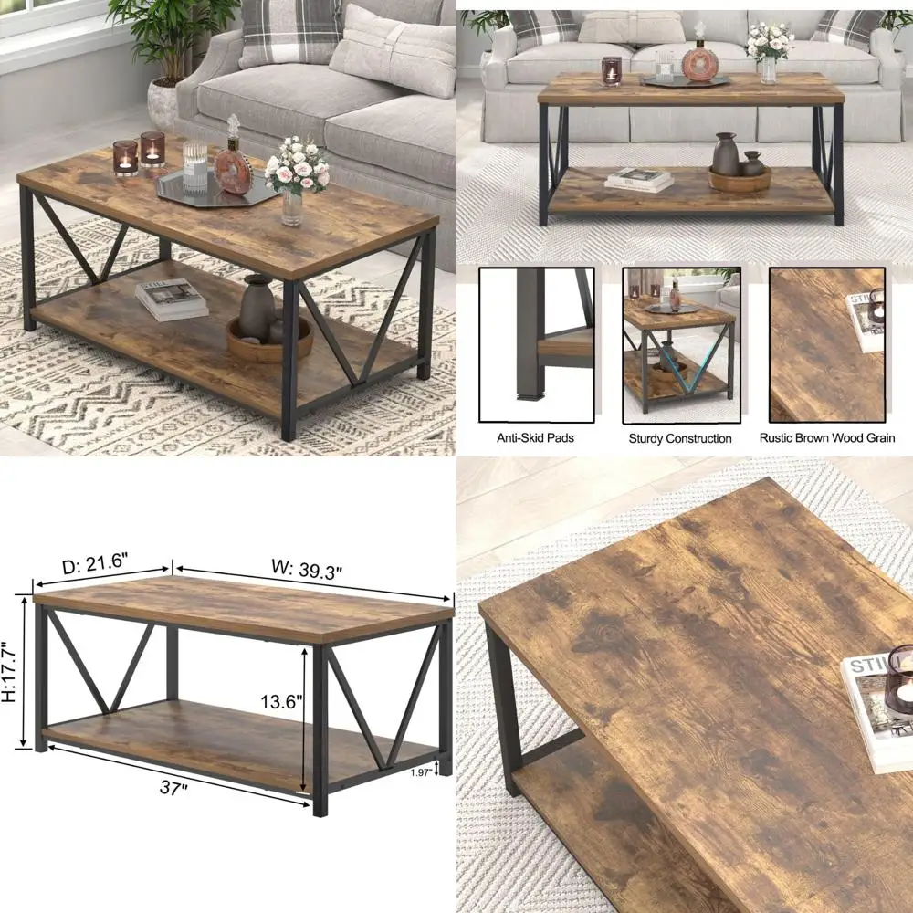Rustic Brown Industrial Metal and Wood Coffee Table with Storage Shelf for Living Room