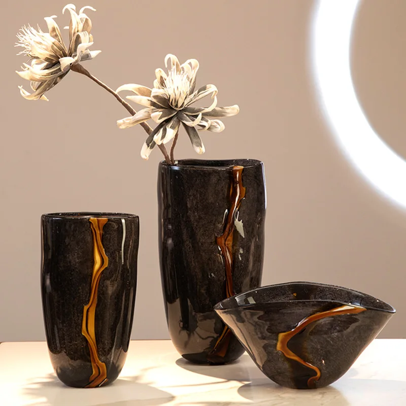 1PC Black Orange Veined Retro Flower Vase High End Soft Decoration Ornament Modern Home Decor Accessory Home Decor
