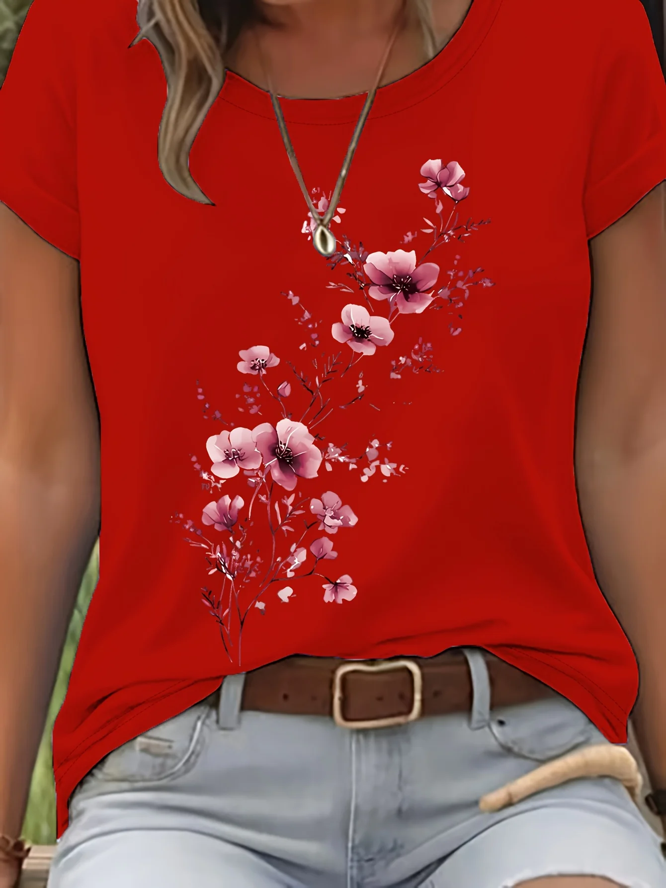 Purple Floral Branch Women's Tee - Delicate Watercolor Flower Graphic, Casual Light Purple Top image 6