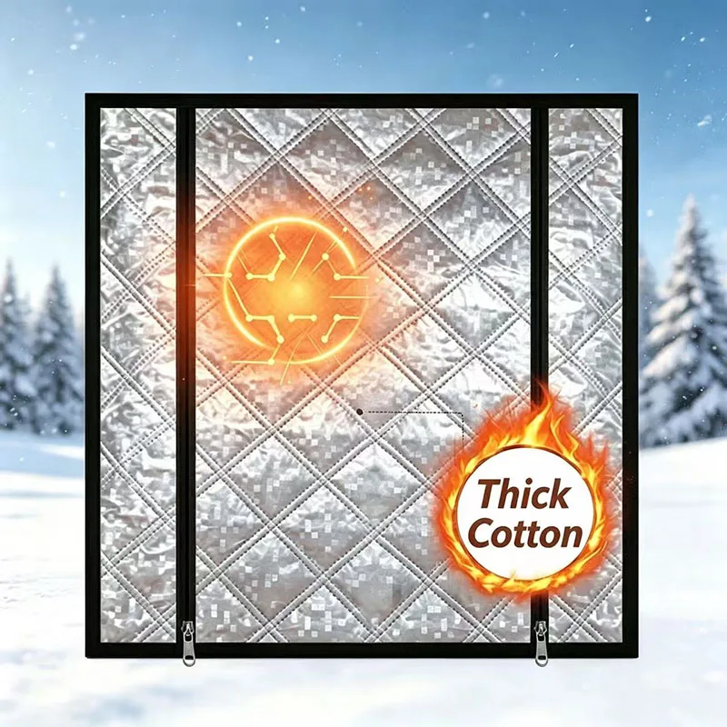 New Winter Thick Cotton Thermal Curtain, Self-adhesive No Drilling Easy Install, Double Zipper, Cold Draft Blocking, Custom Size
