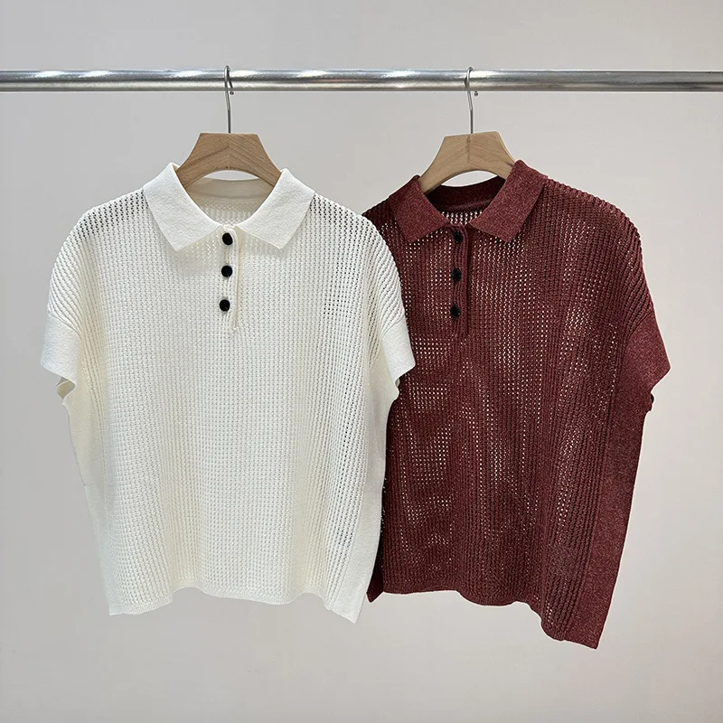 Women's Summer New Linen Hollow Knit Sweater With Collar Short Sleeved Polo Shirt