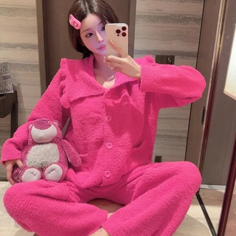 Coral Velvet Pajama Women Autumn Winter Ins Style New Half Velvet Thickened Barbie Powder Can Be Worn Outside The Home Wear Set