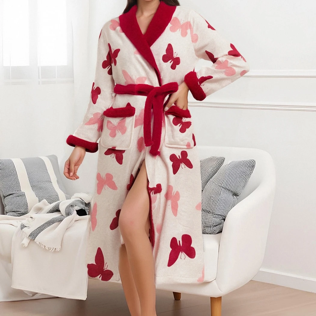 

Women Quality Print Robe Long Sleeve Butterfly Lightweight Sleepwear with Waist Belt Loungewear