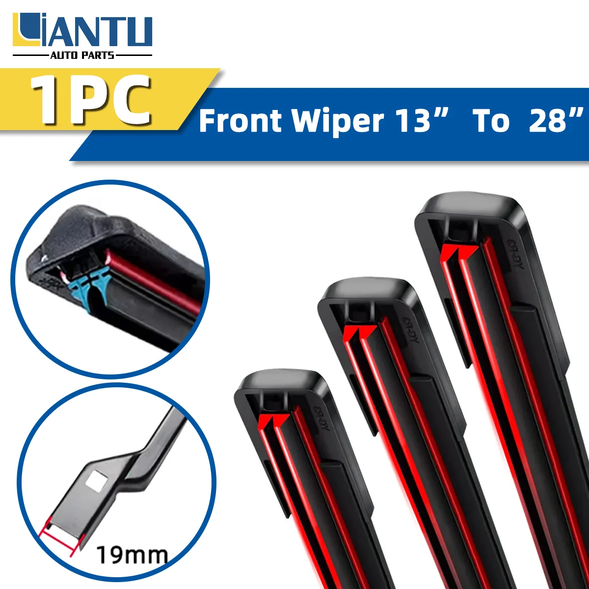 1 Limpador de Para-brisa Automotivo com Design de Borracha Dupla de 19mm, Acessório Silencioso e Duradouro, Tamanhos 14, 16, 17, 18, 19, 20, 21, 22, 24, 26 polegadas