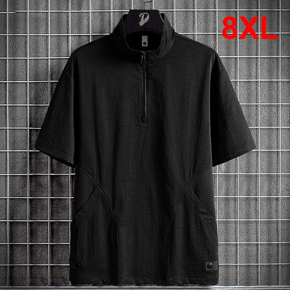 

Summer Half Zipper Shirt Men 8XL Plus Size Short Sleeve Shirt Fashion Casual Patchwork Cargo Shirt Male Big Size 8XL