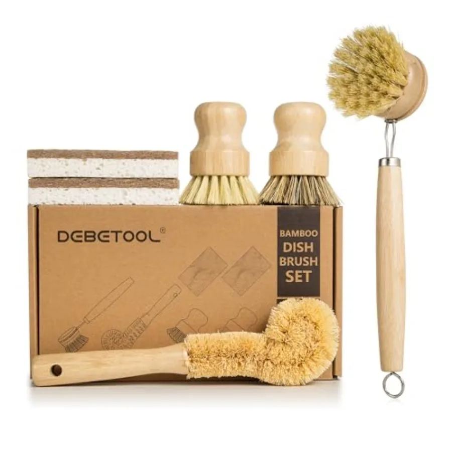 

6 Piece Bamboo Dish Brush Set with Coconut Sponge - Wooden Dish Brush with Sisal and Palm Fiber, Natural Bamboo Dish Scrub Brus