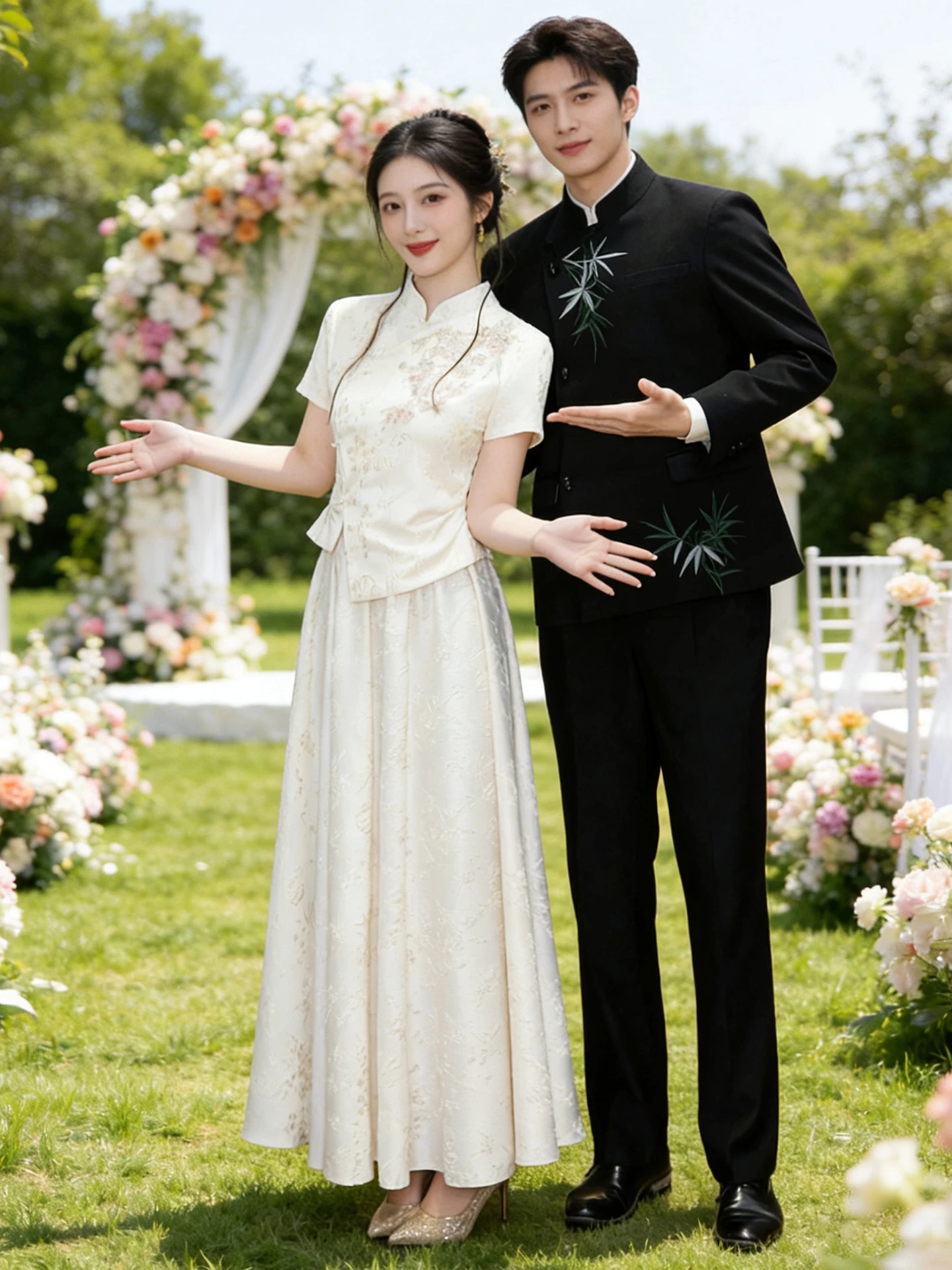 

White Chinese Style Engagement Dress Set Vintage Qipao Registered Marriage Ceremony Short Sleeve Long Gown Wedding Dress