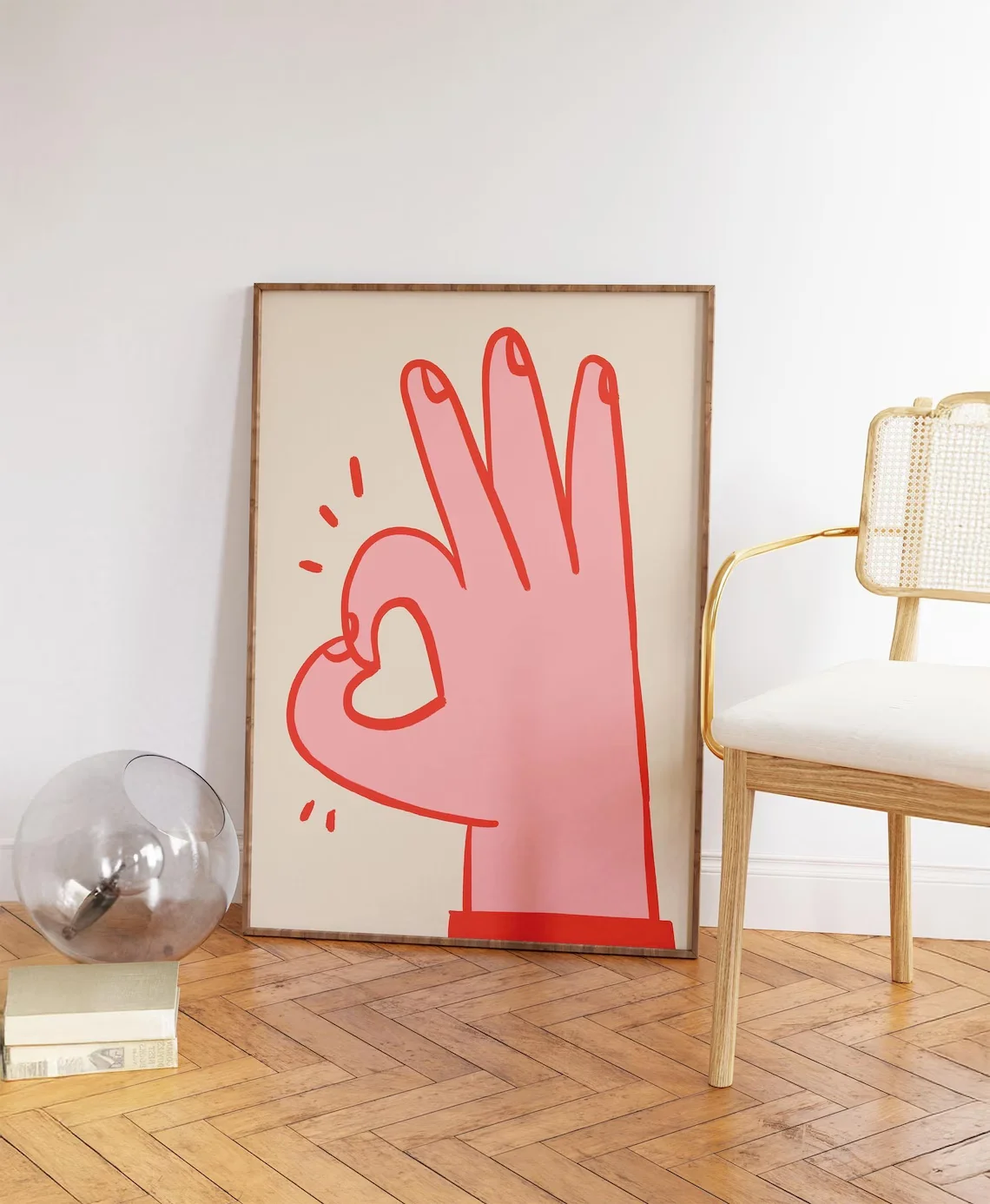 Minimalist Pink OK Hand with Heart Wall Decor Print - Cute, Trendy Line Art of a Pink Hand Making an "OK" Gesture, with a Heart image 4