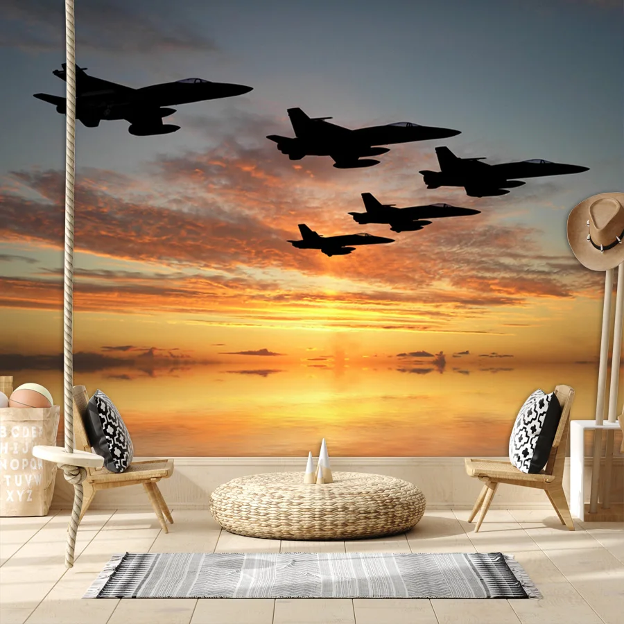 Custom Modern Self Adhesive Wallpapers for Living Room Contact Wall Papers Home Decor Warplane Sky with Sunset Renovation Mural