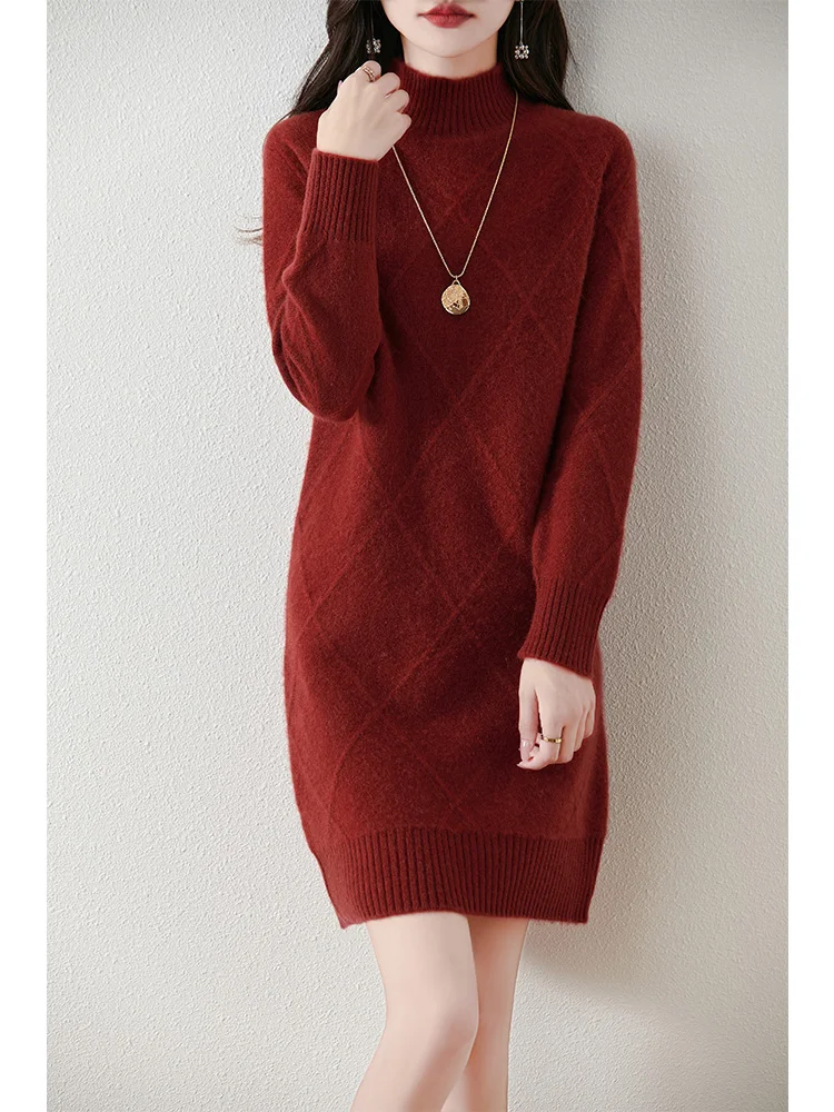 Women\'s Pure Wool Knitted Dress, High Collar, Thickened, Geometric, Casual, Fashionable, Warm, Autumn/Winter 2024