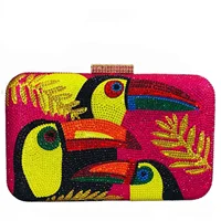 Novedad Toucan Bird mujeres bolsos de noche de cristal caja de diamantes de imitación Minaudiere bolso de mano para fiesta cóctel bolso con cadena de diamantes