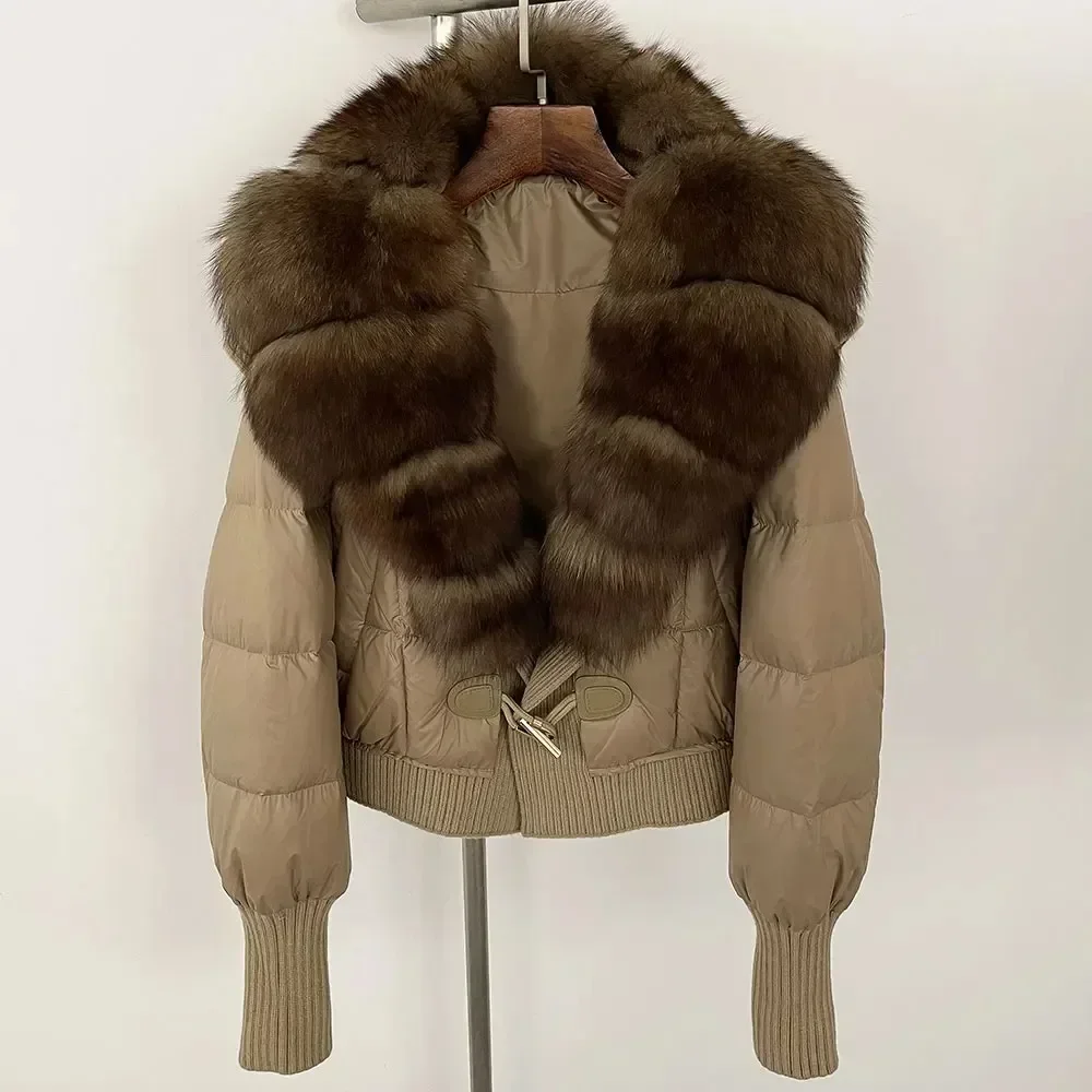 本物の天然フォックスファー襟付きホワイトダックダウンジャケット ファッション2025秋冬 カジュアル新作アウター 厚手暖かいショートコート レディース
