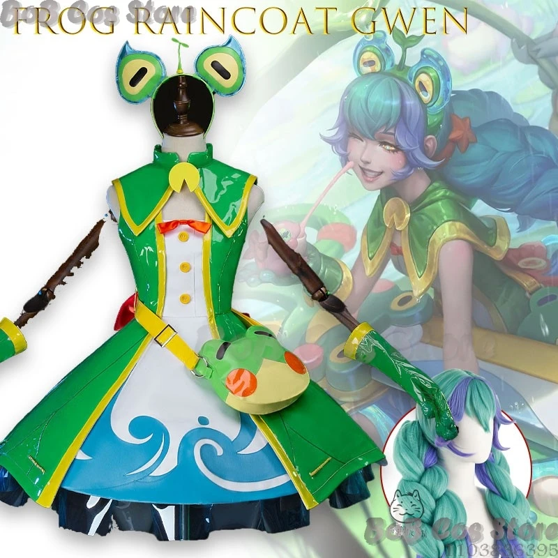 

Gwen Cosplay Costume Set For Women Frog Raincoat Costume Sexy Halloween Party Lolita Role Cos Green Party Dress Halloween Bag