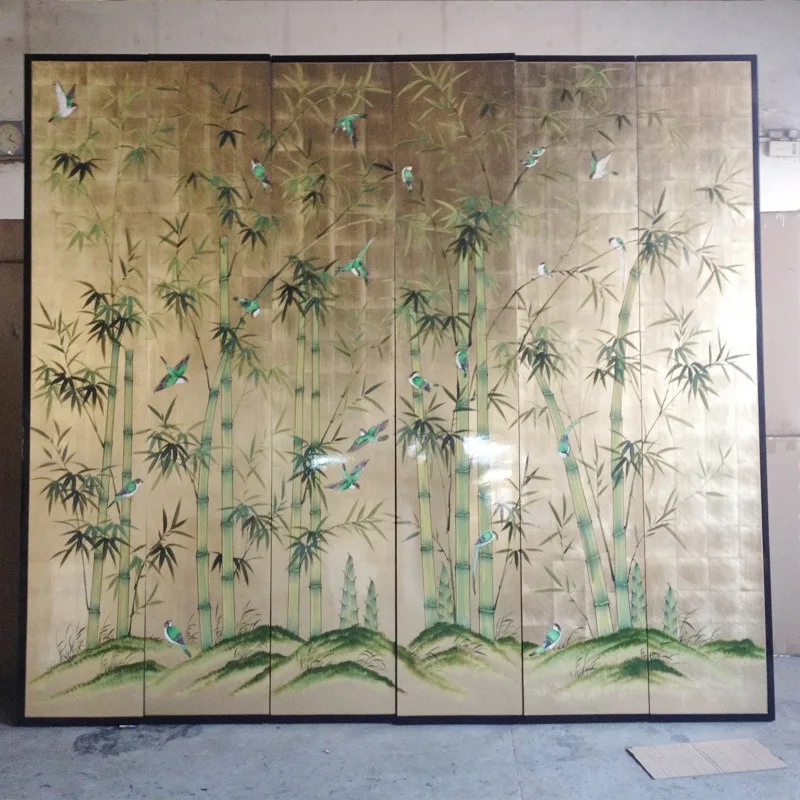 Supreme beauty bamboo screen hand painted bamboo hotel furniture decoration Internet celebrity live broadcast folding background