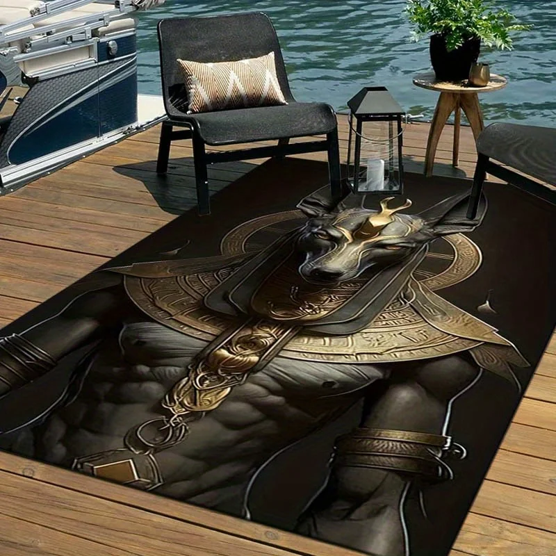2D Flat Egyptian God Anubis Golden Armor Mythology Flannel Door Mat Non Slip Ancient Culture Rug For Entryway Gaming Room Decor