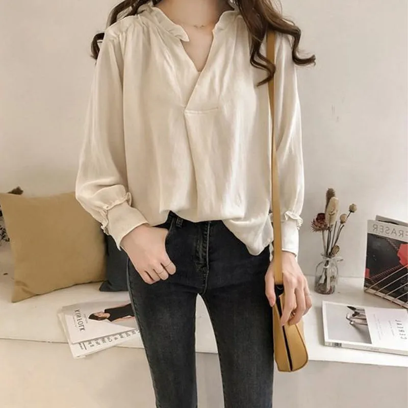 Fashion V-Neck Solid Color All-match Blouse for Female Spring Autumn Streetwear Korean Ruffles Spliced Loose Shirt Long Sleeve