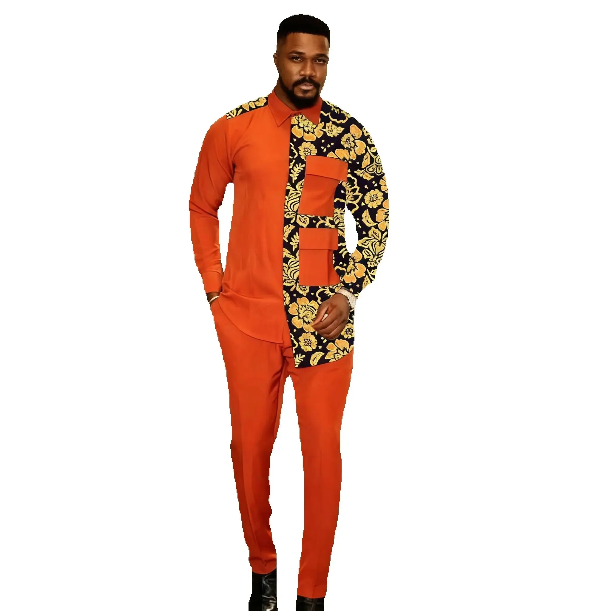 

Оранжевые мужские комплекты, асимметричный дизайн, топ, лоскутные рубашки + однотонные брюки, костюмы для жениха в африканском стиле от кутюр, костюм для выступлений