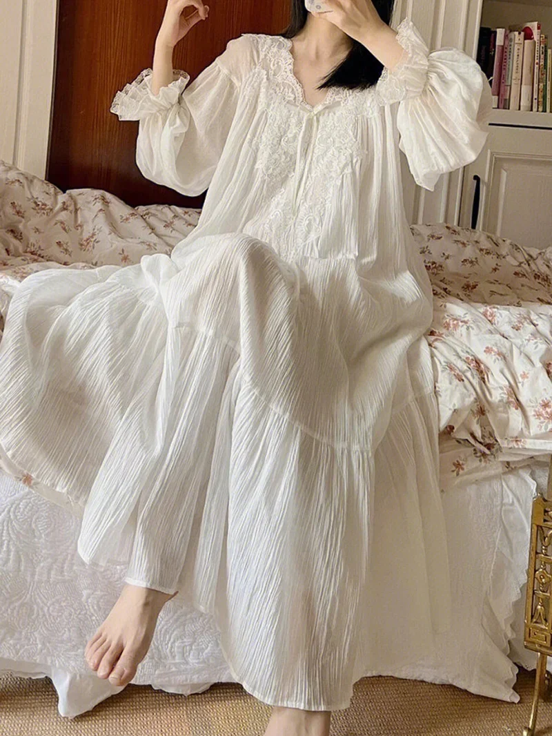 Large Size Women Spring Autumn Vintage Mesh Nightgowns Long Sleeve Lace Nightdress Victorian Night Dress Princess Sleepwear