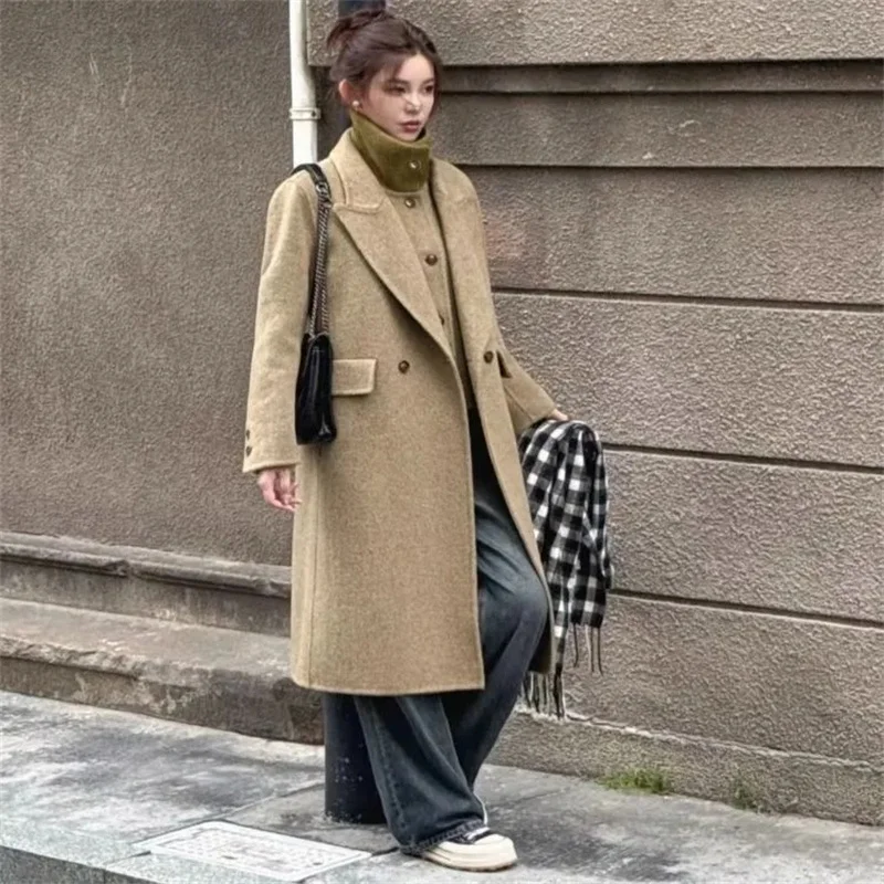 Nuovo cappotto di lana da donna 100% lana con risvolto a punta soprabito doppiopetto autunno inverno giacca lunga trench da donna