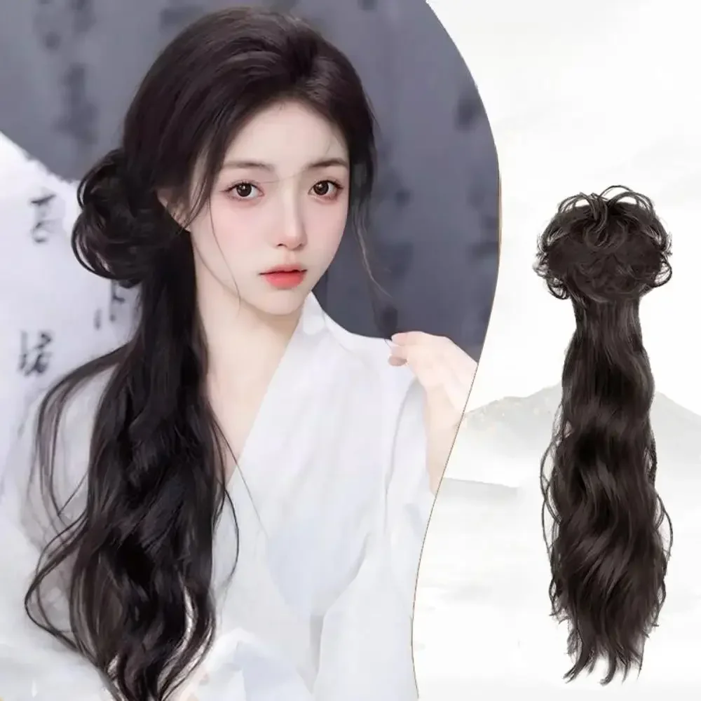 Wig sintetis ekor kuda wanita gaya Tiongkok baru ambil klip gaya kuno gaya Cina sedikit digulung klip rambut