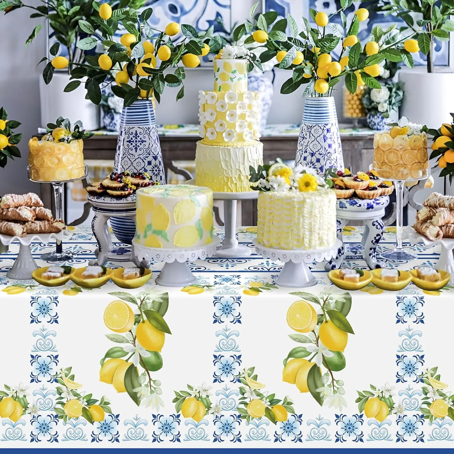 3pcs Blue Print Lemon Theme Tablecloth Party Decor Set Mediterranean Lemon Pattern Disposable Plastic Table Cover Cute Lemon Waterproof Tablecloth