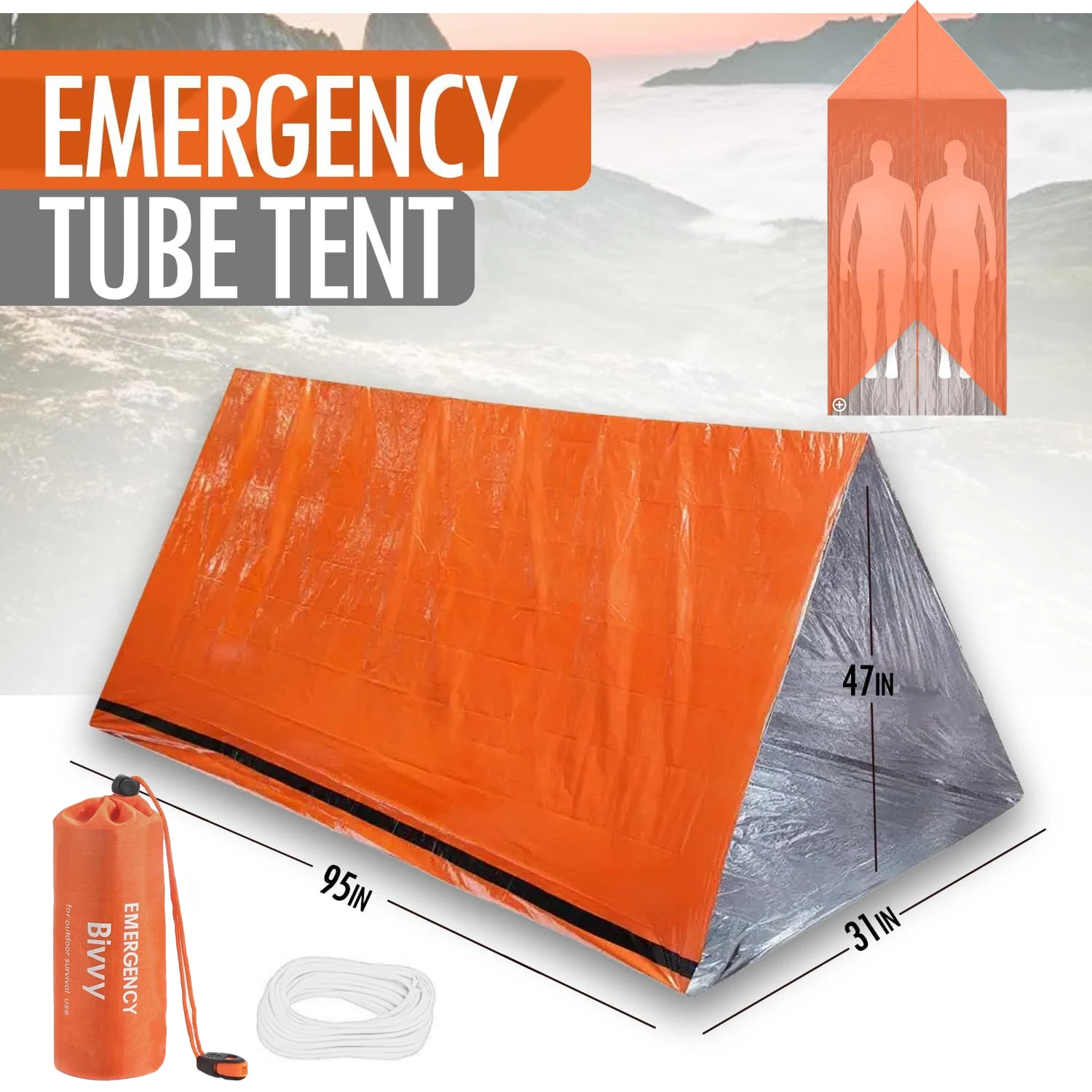 Waterproof Survival Shelter Emergência, Tenda Tubo Mylar, SOS exterior, Saco de dormir, Cobertor térmico, 2 Pessoas, Bivy, Kit Sobrevivência