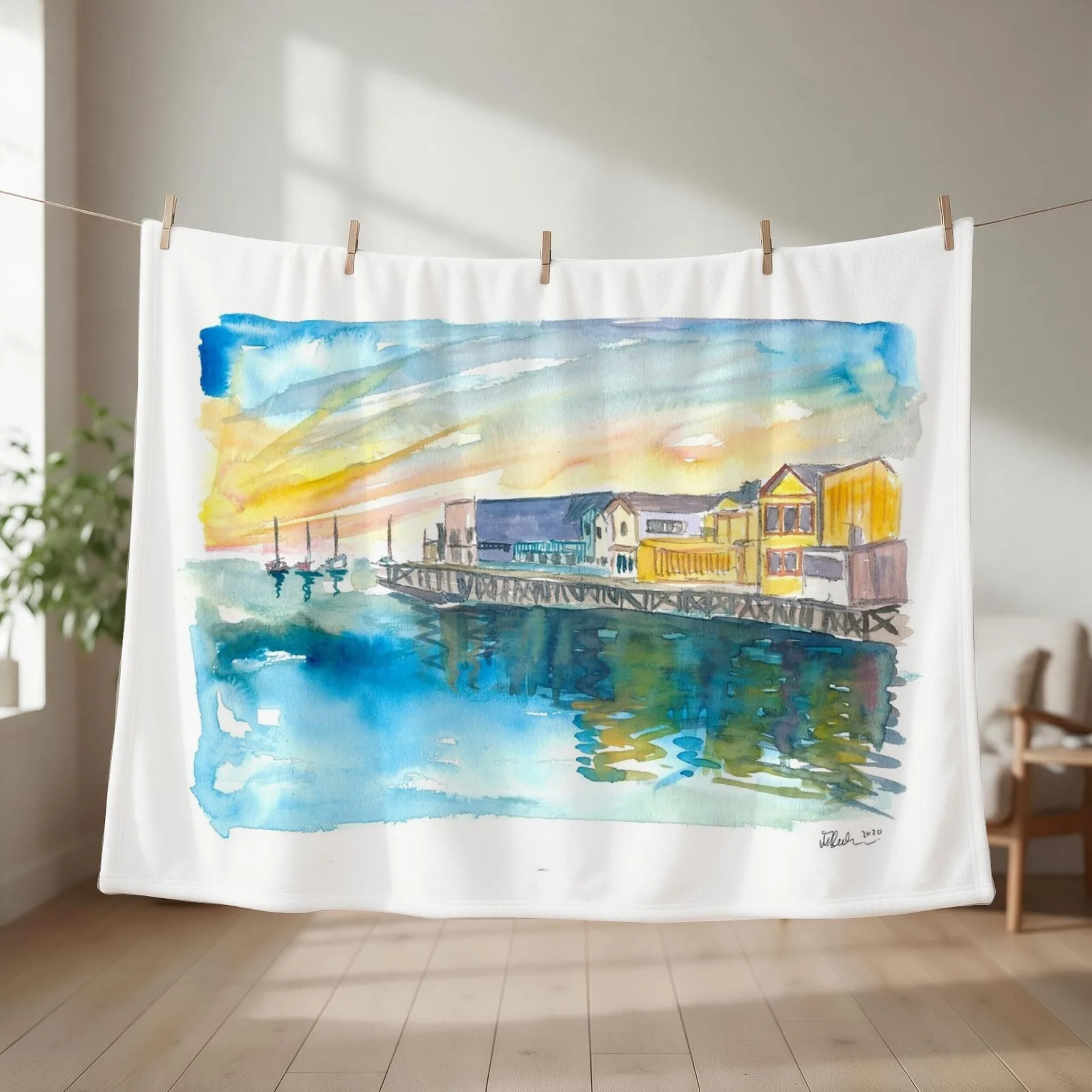Monterey Bay California Cannery Row Waterfront Throw Blanket couch cozy soft plush fuzzy picnic outdoor blanket