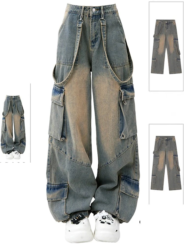 

Women Blue Oversize Cargo Jeans Harajuku Vintage Baggy Y2k Denim Trouser 90s Aesthetic Wide Jean Pants 2000s Trashy Clothes