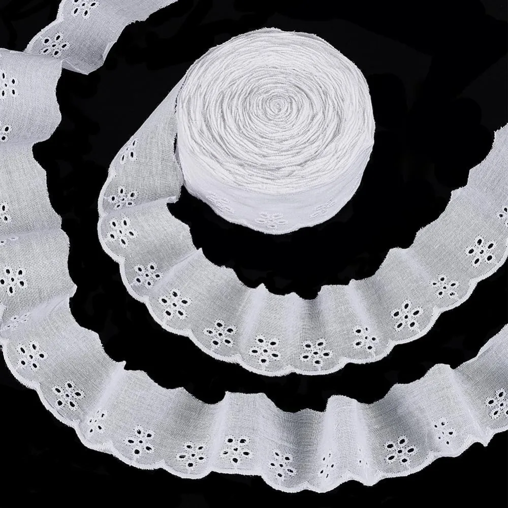 Adorno de encaje de algodón de 15 yardas, cinta de encaje con ojal de algodón blanco de 1-5/8 pulgadas, bordado Floral, adorno de encaje con volantes, borde ondulado, algodón Floral