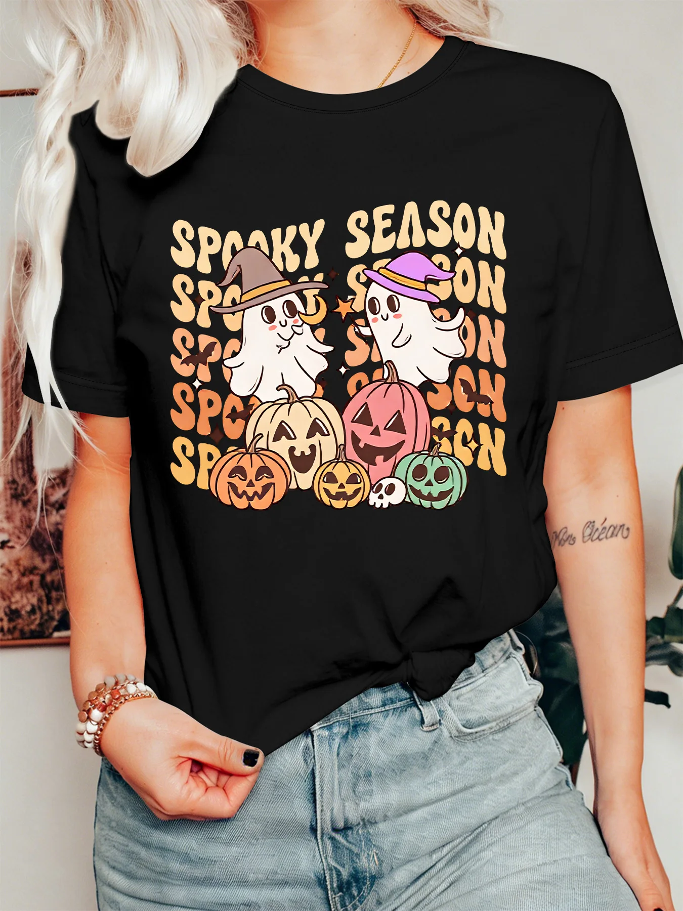 Cute Ghost Womens T Shirt Spooky Season Slogan Witch Hat Multicolor Pumpkin Bat Skull Graphic Short Sleeve O Neck Casual Tops