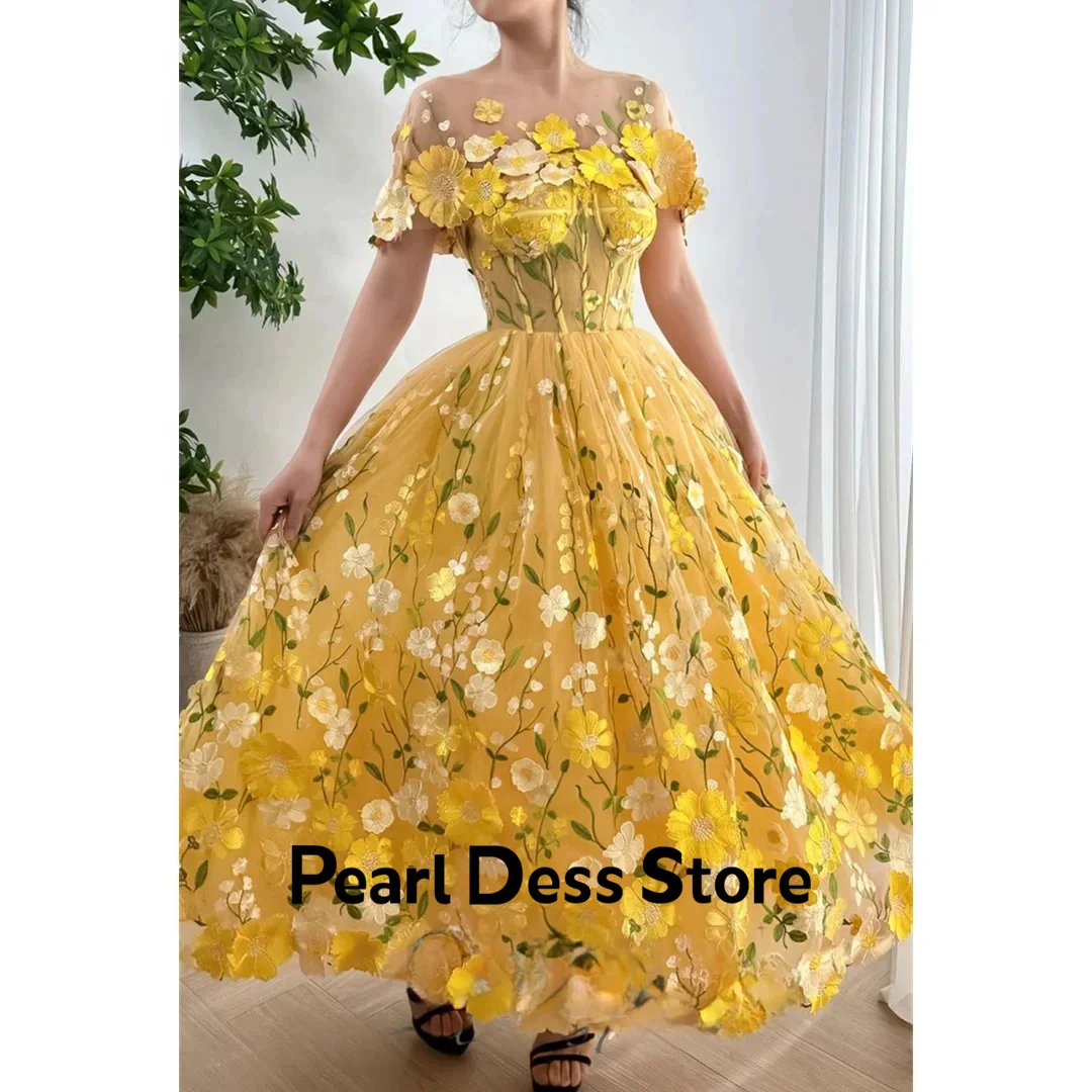 

Yellow Flower Sticker Ball Dress A-line Evening Dress Elegant Detachable Shawl and Ankle Vestidos Verano Moda 2024