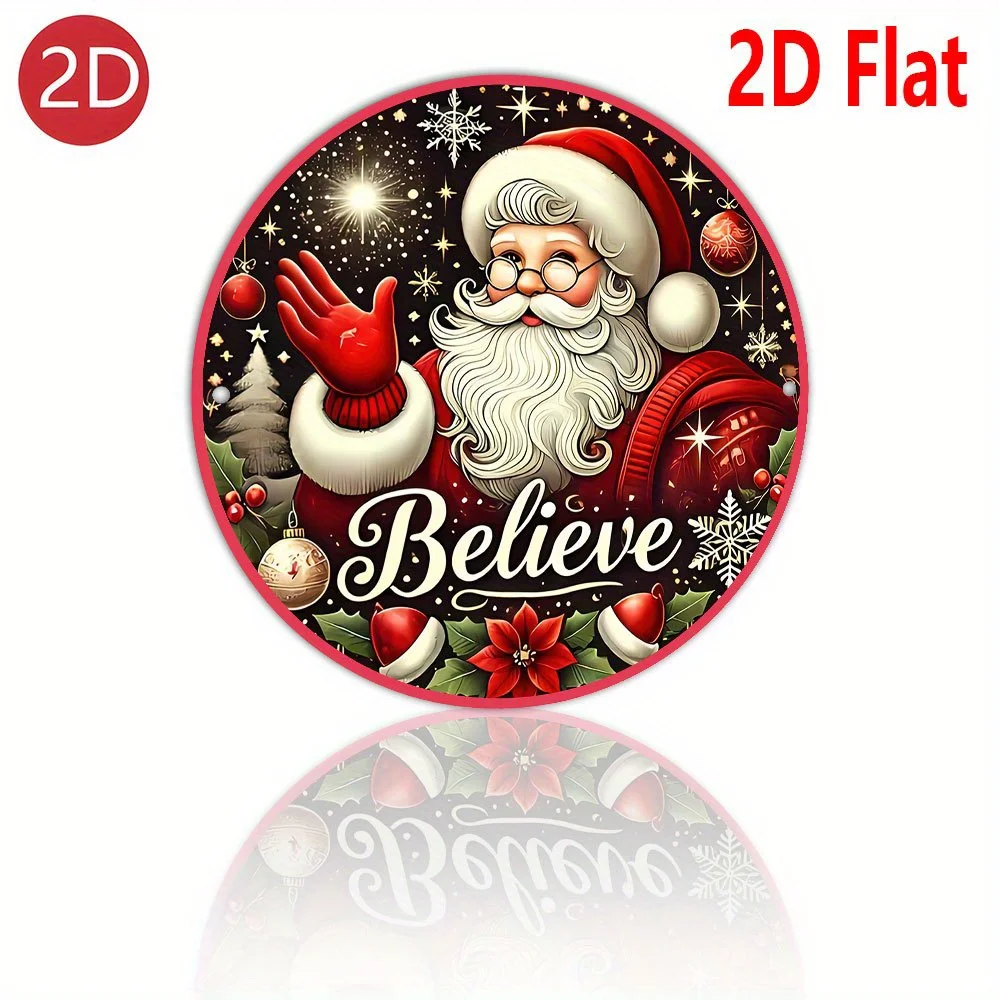 2D Flat, Christmas Metal Wall Decor - Santa Claus Waving with Believe - Red, Green, Golden Holiday Decoration - All-Weather Alum