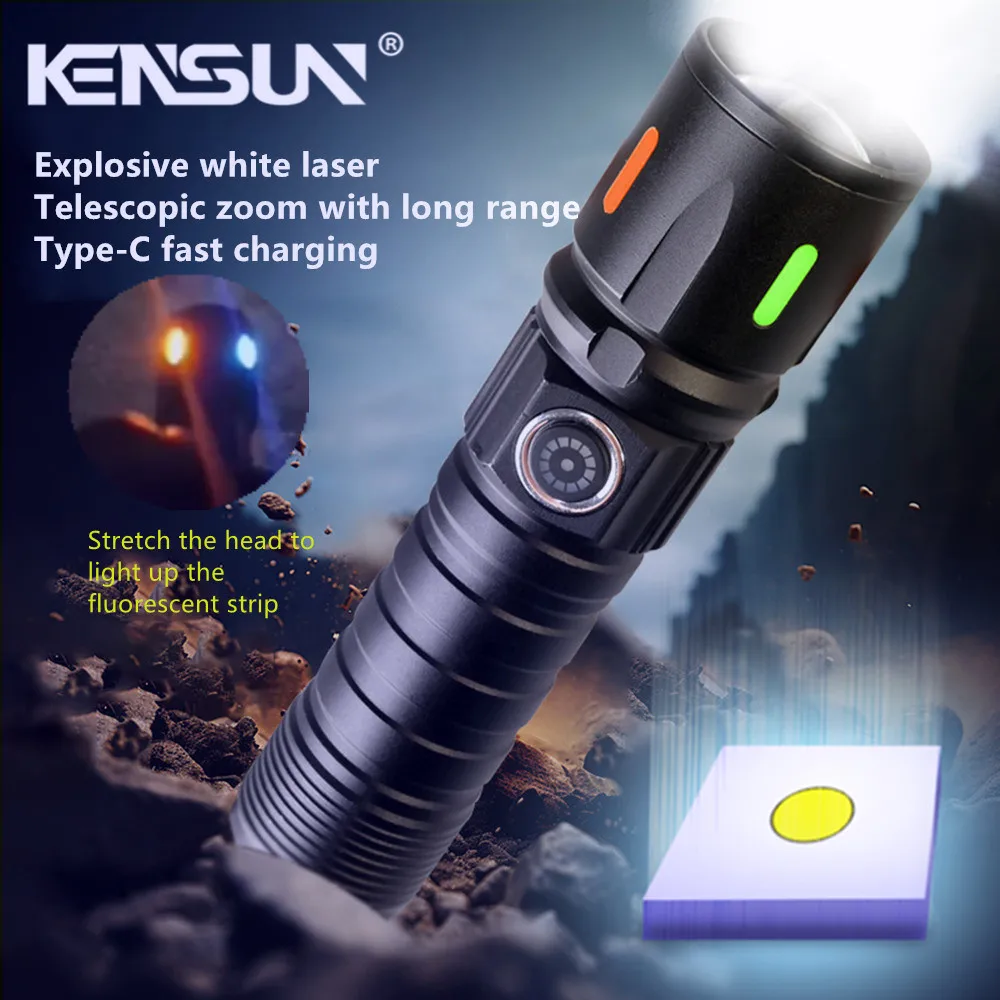 High Power Spotlight Long LED Flashlight Aluminum Alloy Type-C Fast Charging Zoomable Ultra Bright Torch Emergency Lighting