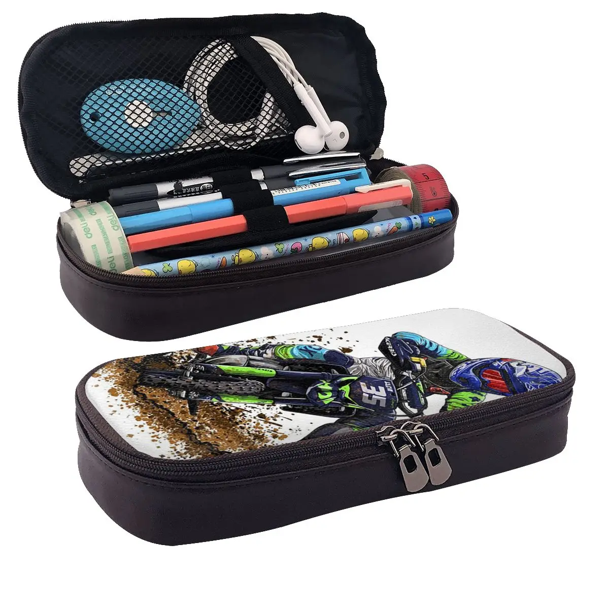 Motocross Dirt Bike Studios MX Rider 35 Leather Pencil Cases Pen Holder Stationery Supplies Pen Box Pencil Bag for Studen School